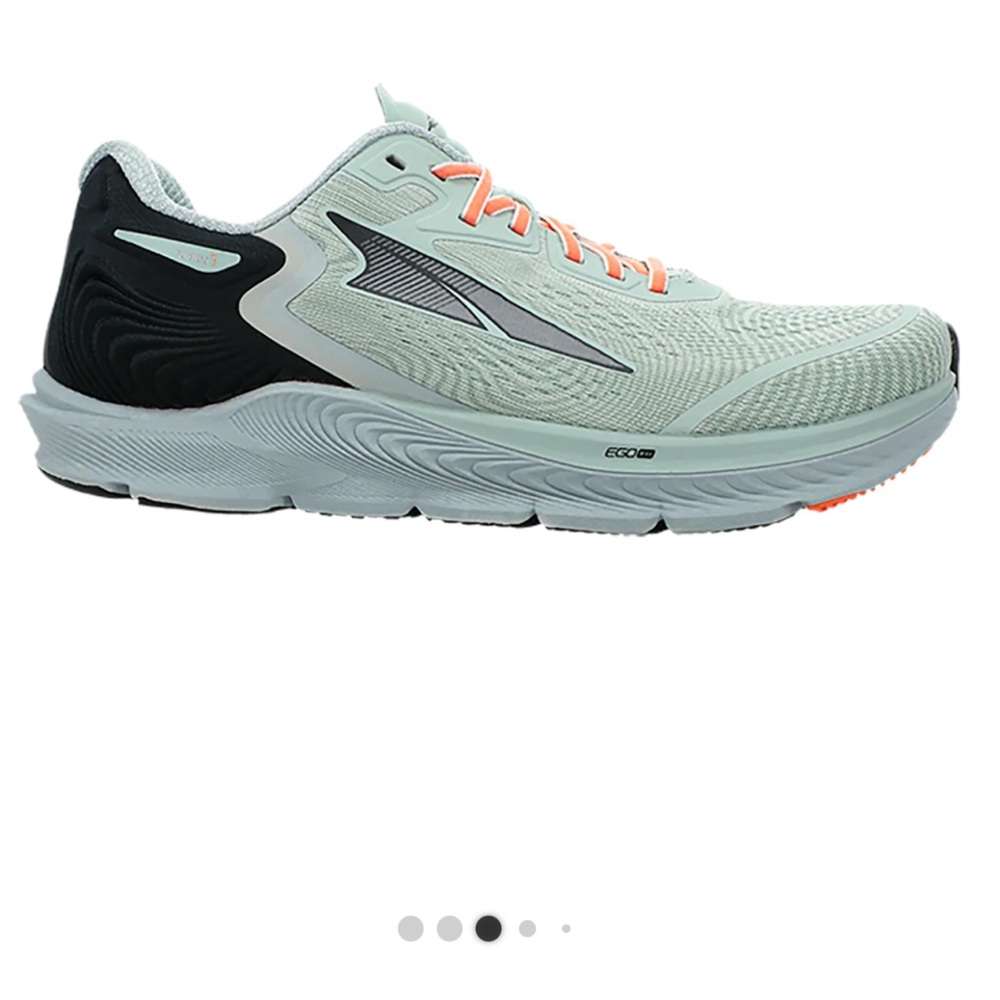 Altra Torin 5 Athletic Shoes in Mint Green and Black with Peach/ Orange Accents